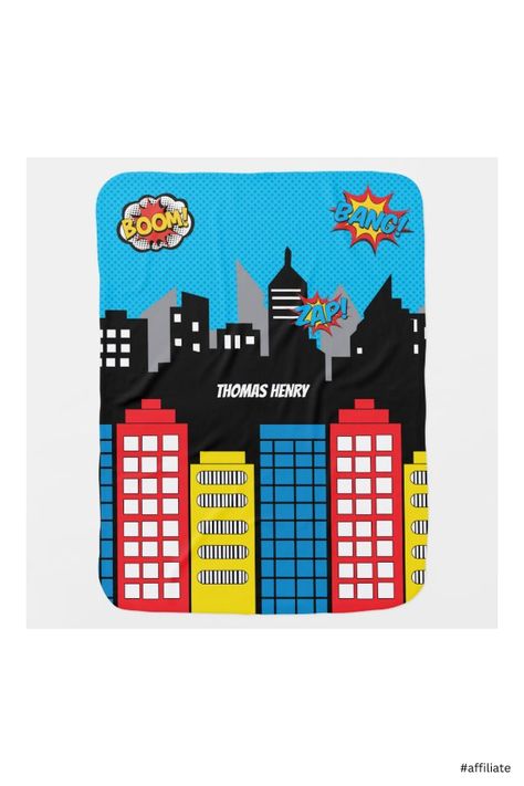 Superhero Skyline, Superhero Baby Shower, Superhero Nursery, Baby Superhero, Wallpaper Nursery, Baby Blanket Gift, Baby Shower Decorations For Boys, 1st Birthday Gifts, Blue Bunny