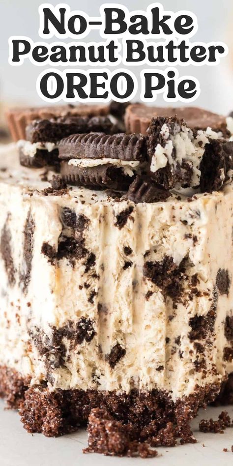 This heavenly no bake Oreo peanut butter pie has a chocolate Oreo crust and creamy peanut butter and Oreo filling. Served frozen, it's an easy dessert packed with chocolate and peanut butter flavor. #nobakedessert #nobakepie #oreodessert #peanutbutter Oreo Peanutbutter Dessert, Oreo Reeses Dessert, Oreo No Bake Pie, Oreo Peanut Butter Cookie Dough Cheesecake, Easy Chocolate Peanut Butter Pie, Peanut Butter Pie Oreo Crust, Peanut Butter Oreo Pie, Oreo Pie Crust Recipe No Bake, Easy Quick No Bake Desserts