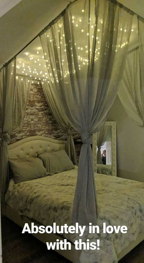 Sloped Ceiling Canopy Bed, Canopy Bed With Twinkle Lights, Curtain Around Bed, Curtains Around Bed, Bed With Curtains, Rope Bed, Design Creative Ideas, Bridal Room Decor, Bedroom 2024