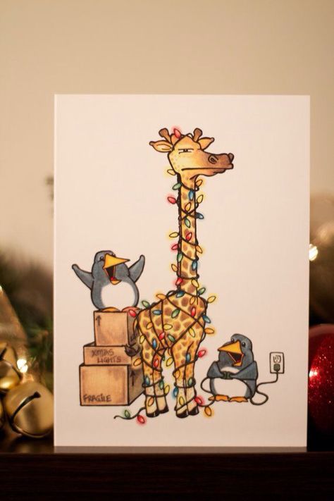 Christmas At The Zoo, Christmas Cards Drawing, Christmas Doodles, Christmas Card Art, A Giraffe, Watercolor Christmas Cards, Funny Christmas Cards, Diy Christmas Cards, Christmas Drawing