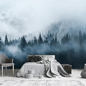 Misty Forest Wallpaper, Cabin Guest Room, Pine Tree Landscape, Grey Floral Wallpaper, Mural For Living Room, Landscape Mural, Tree Landscape, Living Room Background, Foggy Forest