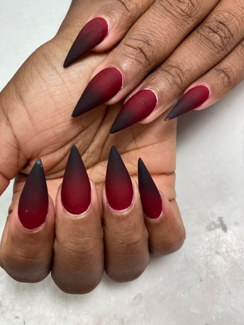 Matte Red Ombre Nails, Black And Burgundy Wedding Nails, Black Matte Nails With Red Under, Black Pointed Nails Design, Matt Black And Red Nails, Hades And Persephone Inspired Nails, Vampire Nails Gothic Short, Red And Black Coffin Nail Ideas, Almond Nails Red And Black