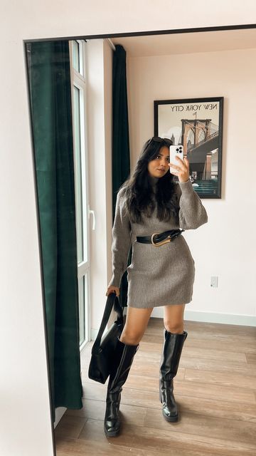 Knitted Dress With Belt, Sweater Dress Belt Outfit, Sweater Dress With Belt Outfit, Belted Sweater Dress, Belt Over Sweater, Sweater Dress Belt, Sweater Dress And Boots, Style Language, Sweater Dress With Boots