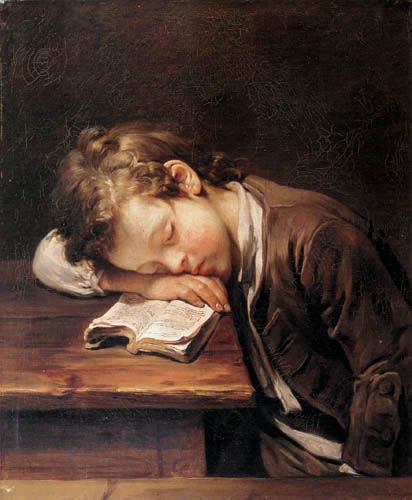 A schoolboy sleeping on his book, painted by Jean-Baptiste Greuze by WatzitztoCeska, via Flickr Chiaroscuro, Rembrandt Drawings, Male Portraits, L'art Du Portrait, Women Reading, An Open Book, Reading Art, Jean Baptiste, Open Book