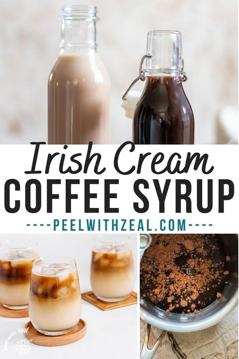 Savor the delightful, chocolaty taste of Irish cream in your coffee during the morning by using this simple syrup that you can make at home. Utilizing only brown sugar, cocoa, and extracts, this homemade concentrate imitates the flavor of Irish cream liqueurs in a mouthwatering manner. Homemade Irish Cream Coffee Creamer, Diy Irish Cream Coffee Creamer, Irish Cream Syrup, Irish Cream Coffee Syrup, Irish Cream Coffee Recipe, Irish Cream Coffee Creamer, Coffee Syrup Recipes, Coffee Concentrate Recipe, Coffee Syrups Homemade