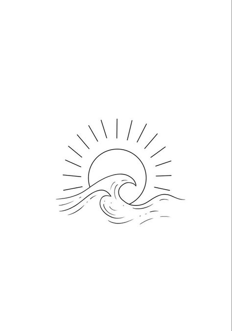 Ocean Wave And Sun Tattoo, Sun Ocean Tattoo, Small Wave Tattoos For Women, Ja Tattoo, California Tattoo Ideas, Zee Tattoo, Tattoo Swimming, Wave Line Art, Minimalistic Tattoo Ideas