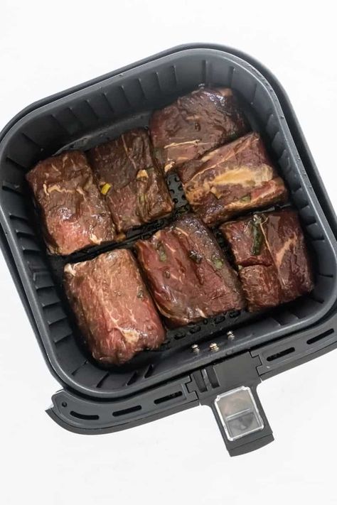 How to make short ribs in the air fryer with a delicious Korean marinated flavor. They are tender, flavorful, and make a great dinner! Short Ribs In The Air Fryer, Air Fryer Boneless Short Ribs, Beef Short Ribs Air Fryer Recipes, Beef Short Ribs In Air Fryer, Air Fry Short Ribs, Airfryer Short Ribs, Beef Short Rib Recipes Air Fryer, Short Ribs Recipe Air Fryer, Air Fryer Short Ribs Recipe