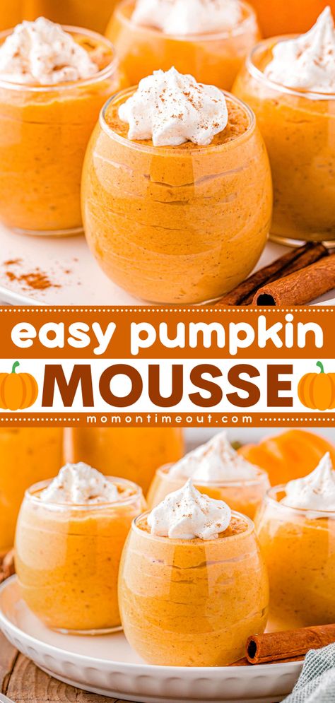 This easy Pumpkin Mousse is perfectly spiced, rich and creamy, with a velvety texture that is irresistible! This crowd pleasing pumpkin dessert has the homey, familiar flavors of a pumpkin pie but is lighter with a more elegant presentation. Sure to be a hit at any gathering! Pumpkin Mouse Cups, Easy Pumpkin Mousse, Fun Halloween Desserts Easy, Pumpkin Mousse Recipe Easy, Pumpkin Moose, Pumpkin Mousse Recipe, Pumpkin Baking Recipes, Dysphagia Recipes, Pumpkin Mouse