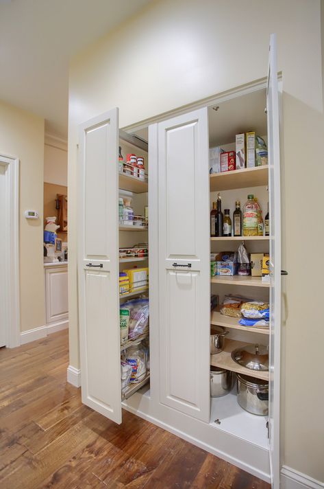 Built-In Pantry Ideas with Custom Cabinetry Custom Pantry Cabinet, Custom Pantry Ideas, Built In Pantry Cabinet Wall, Pantry Cabinet Ideas, Glazed Cabinets, Wall Pantry, Kitchen Rehab, Glazed Kitchen Cabinets, Kitchen Built In