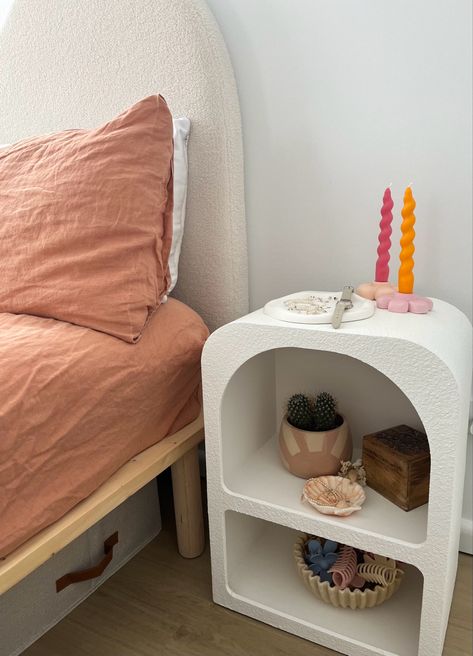 Bedside Table Aesthetic, Curved Bedside Table, Cool Bedside Tables, Mini Bedside Table, Bedside Table Styling, Room Redo, Spare Bedroom, Cozy Decor, Bedroom Designs