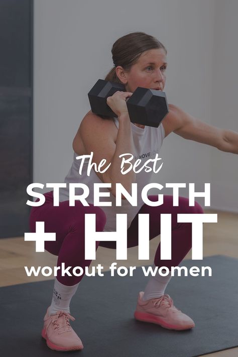 The best strength and HIIT home workout for women — 9 killer dumbbell exercises in a challenging, full body workout. Get all the benefits of strength training and HIIT workouts for women in one effective, 35-minute home workout video on YouTube! Perform all 9 HIIT exercises x 3 sets. An effective full body workout for busy woman and moms. All you need is a set of dumbbells and modifications are offered for ALL fitness levels from beginner to advanced! Effective Full Body Workout, Hiit Workouts At Gym, 30 Minute Hiit Workouts, Home Workout For Women, Hiit Exercises, 30 Min Workout, Hiit Workout Videos, Workout Videos For Women, Benefits Of Strength Training