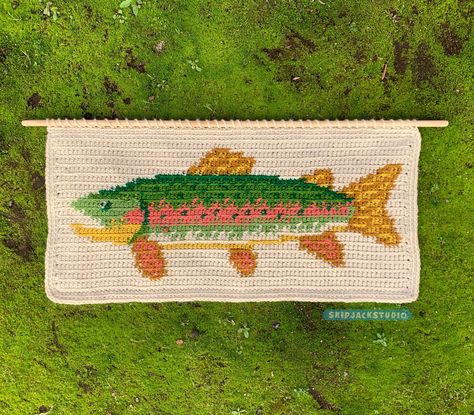 **THIS IS A DIGITAL PATTERN, NOT A FINISHED WALL HANGING** Crochet your own Rainbow Trout Tango Wall Tapestry to hang in your home or gift to a friend! With its vibrant colors and fine details, this tapestry is sure to be a conversation starter wherever it's displayed! ---------------------------------------------------------------------------- What you get:  --Written PDF pattern which includes pattern tips, yarn recommendations, and hanging instructions --Print-friendly version of the PDF patt Trout Crochet Pattern, Crochet Fishing Pole, Cool Crochet Tapestry, Tapestry Crochet Jumper, 2 Color Crochet Pattern, Aesthetic Crochet Tapestry, Outdoor Crochet Projects, Large Crochet Tapestry, Easy Crochet Tapestry Pattern