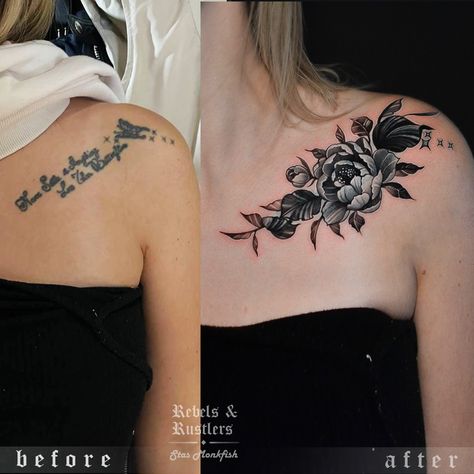 Tattoo Covers For Women, Flower Tattoos On Chest Cover Up, Womens Lower Back Tattoos Cover Up, Tattoo Writing Cover Up Ideas, Shoulder Chest Tattoo Female Cover Up, Floral Tattoo Design Cover Up, Cover Up Chest Tattoos Women, Flower Coverup Tattoo Ideas, Chest Cover Up Tattoos For Women