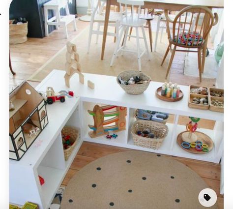 Playspace in dining room Play Space In Dining Room, Playroom Instead Of Dining Room, Small Family Playroom Combo, Dining Room Toy Room, Living Room Playroom Divider, Dining Room / Playroom, Playroom In Formal Dining, Divided Playroom, Toy Storage In Dining Room