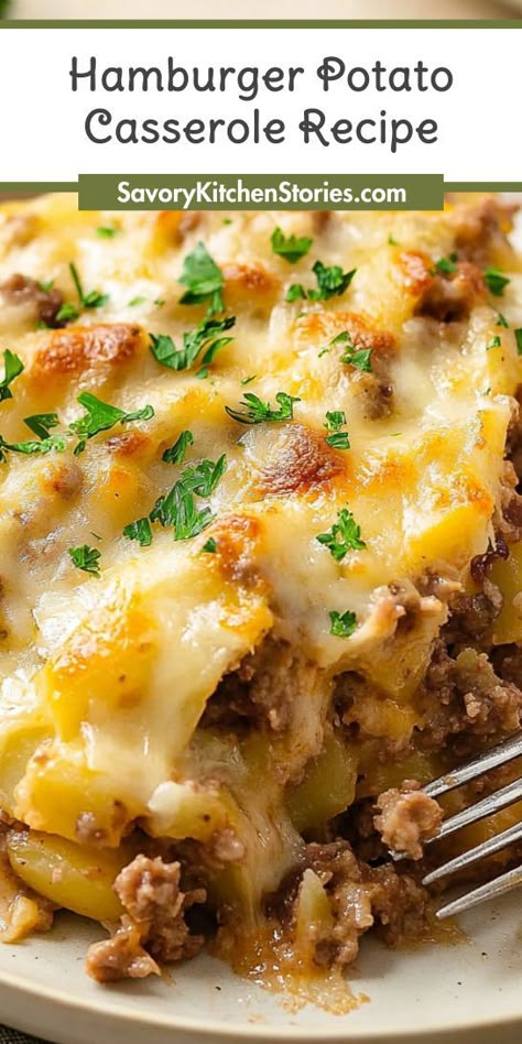 This Hamburger Potato Casserole Recipe combines tender ground beef with layers of creamy potatoes for a meal your whole family will love. Quick and simple, it’s one of the best Ground Beef Recipes to keep on hand. Serve it up for a delightful dinner that warms the heart! Hamburger Meat And Potatoes Recipes Crock Pot, Ground Beef Potato Recipes For Dinner, Ground Beef Potato Tomato Sauce, Easy Dinner Recipes With Ground Beef And Hashbrowns, Hamburger Bacon Casserole, Ground Beef Mashed Potatoes Recipes, Ground Turkey And Potato Recipes For Dinner, Dinner Recipe With Hamburger Meat, Ground Beef Red Potatoes