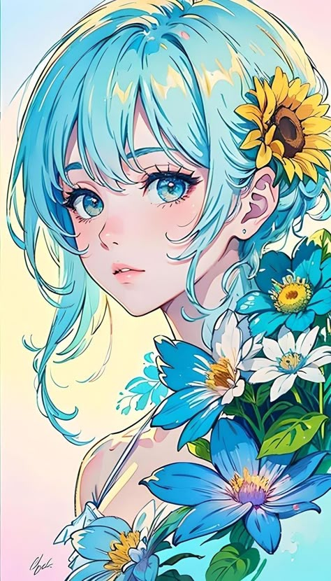 #anime #Otaku #girl #blue #hair #sunflower #flowers #pretty #eyes #beautiful #gorgeous #wallpapers #art #drawings #digital #photography Character Coloring Pages, Cool Digital Art, Digital Art Inspiration, Coloring Pages Aesthetic, Pages Aesthetic, Pfps Anime, Manga Watercolor, Anime Girlies, Best Anime Drawings