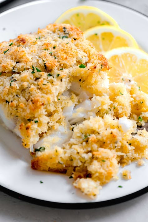 Pablo Crusted Cod, Cod Imperial Recipe, Baked Cod Breadcrumbs, Parmesan Fish Baked, Baked Haddock Recipes Bread Crumbs, Cod With Panko Bread Crumbs, Parmesan Crusted Haddock, Pan Fried Cod Fish Recipes Panko, Cod Baked Recipes