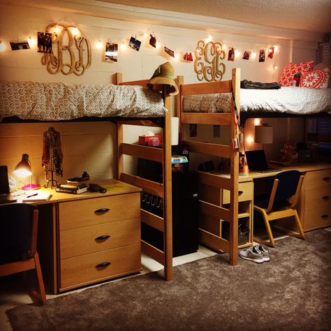 NCSU Dorm Room ❤️🐺 College Dorm Room Lofted Bed Ideas, Small Shared Dorm Room Ideas, Dorm Decor Bunk Bed, Desk Under Bunk Bed Dorm Room, Loftable Bed College Dorms, Dorm Room Ideas With Couch, Dorm 2 Beds, Double Dorm Room Aesthetic, Dorm Set Up Layout Double