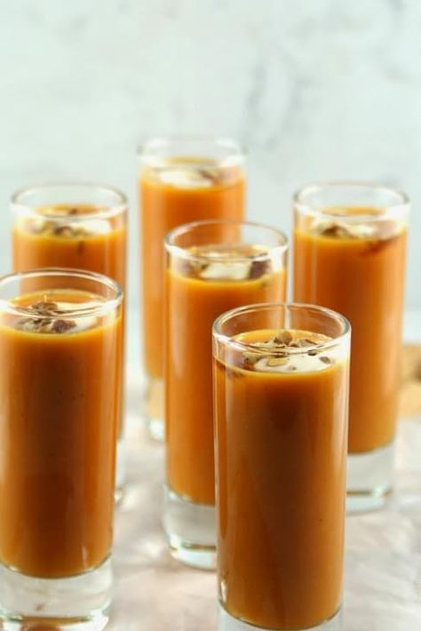 Roasted Carrot Soup Shooters recipe with 110 calories. Soup Shooters, Pumpkin Bisque, Roasted Carrot Soup, Carrot And Coriander Soup, Coriander Soup, Shooter Recipes, Thanksgiving 2022, Roasted Carrot, Pumpkin Pie Mix