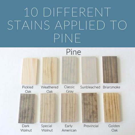 A stain reference guide for the top 10 stains from light to dark that have been applied on pine.  #stain #woodstain #pickledoak #minwax #varathane #homeproject #woodworking Neutral Wood Stain For Pine, Pickling Wood Stain, Light Wash Stain Wood, Pickled Stained Wood, Early American Varathane Stain, Light Stain Colors On Pine, Best Light Stain Colors, Light Stain For Pine Wood, Pine Hardwood Floors Stains