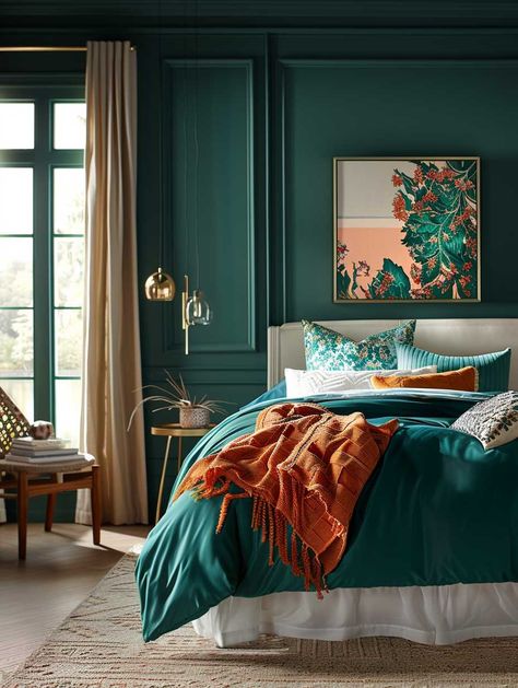 How to Select the Best Paint Colors for Your Bedroom • 333+ Art Images Art Deco Bedroom Design, Dark Teal Bedroom Ideas, Dark Teal Bedroom, Teal Bedroom Ideas, Soothing Bedroom, Teal Bedroom, Japandi Living, Contemporary Art Deco, Art Deco Bedroom