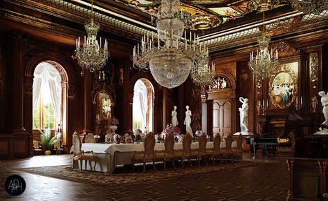 Palace Dining Hall, Castle Dining Room Aesthetic, Dining Room Mansion, Palace Dining Room, Royal Dining Room, Luxury Dining Room Mansions, Castle Dining Room, Old Mansions Interior, Homey House