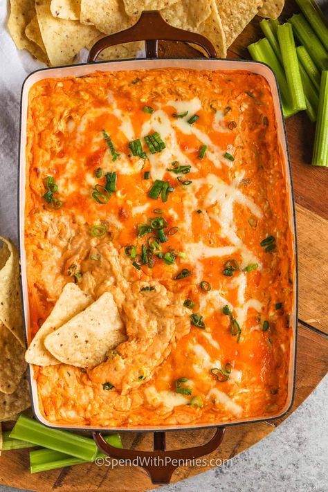 Everybody loves a hot appetizer dip, and this recipe for buffalo chicken dip is among the best! Cheesy, hearty, and spicy buffalo chicken dip comes together in a Crock Pot in only minutes, from a combination of sour cream, cheddar, mozzarella, and cooked chicken with homemade red Buffalo sauce, or Franks hot sauce. Keep it hot and serve with wings or a veggie platter for all-day snacking. #buffalochickendip #crockpot #appetizer #spendwithpennies Appetizer Dips Hot, Spicy Buffalo Chicken Dip, Easy Cheese Dip, Chicken Dip Recipe, Buffalo Chicken Dip Recipe, Hot Appetizers, Spend With Pennies, Wednesday Afternoon, Taco Sauce