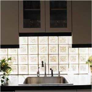 Blocks behind sink Sink Backsplash, Glass Blocks Wall, Brick Backsplash Kitchen, Glass Block Windows, Diy Kitchen Backsplash, Brick Kitchen, Brick Backsplash, New Kitchen Designs, Glass Brick