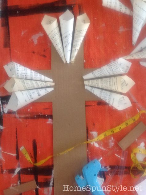 A Vintage Hymnal Paper Cross and the 2015 Women’s Retreat | Hymnal Ornaments, Book Page Diy, Ministry Fair, Crosses Crafts, Hymnal Crafts, Paper Cross, Paper Doily Crafts, Sheet Music Crafts, Women's Retreat