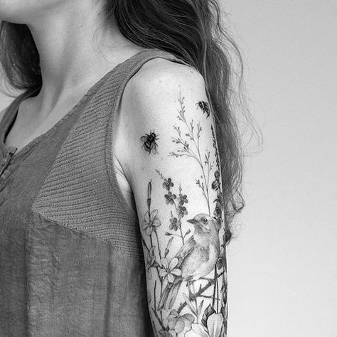 Robin Sleeve Tattoo, Bird Tattoos For Women Arm, Meadow Tattoo, Tatted Women, Sleeve Reference, Adam Tattoo, Bird Tattoo Sleeves, Robin Tattoo, Wildlife Tattoo