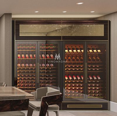 Luxury Wine Room, Wine Display Design, Large Wine Fridge, Dining Room Feature Wall, Wine Walls, Wine Wall Display, Wine Cellar Wall, Contemporary Wine Cellar, Custom Wine Room