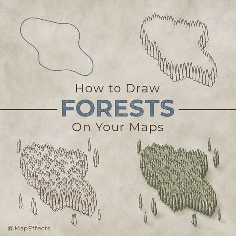 How to Draw Forests Fantasy Land Map Drawing, How To Draw Trees On A Map, Rice Fantasy Map, Map Trees, Ako Kresliť, Map Sketch, Map Drawing, Fantasy Map Making, Map Making