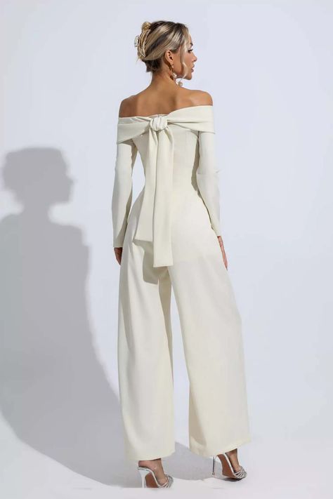 Drape Jumpsuit | Apricot Jumpsuit | Off Shoulder Jumpsuit White Brunch Outfit, Bonfire Fits, Drape Jumpsuit, Mode Mantel, Jumpsuit Outfits, Heels Dress, Off Shoulder Jumpsuit, Bridal Jumpsuit, Wedding Jumpsuit