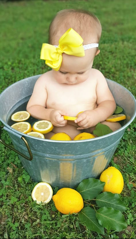 Lemon Baby One Year Portrait Photo shoot Lemon First Birthday Outfit, Fruit First Birthday Photoshoot, Lemon First Birthday Photos, Summer Infant Photoshoot, Baby Lemon Photo Shoot, Lemon One Year Birthday, Lemon Baby Photoshoot, Baby Watermelon Photo Shoot, June Baby Photoshoot