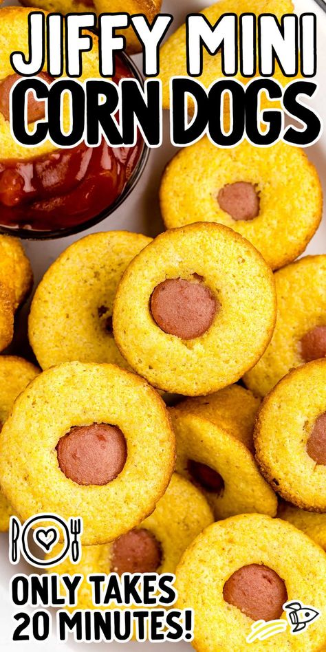 Mini corn dogs are the ultimate crowd-pleaser, featuring juicy hot dogs enveloped in a crispy, golden cornbread crust, making them a delightful snack for gatherings or indulgent treats. Mini Corn Dogs Muffins, Mini Muffin Corn Dogs, Hot Dog Cornbread Muffins, Mini Corndogs With Jiffy, Corn Dog Appetizers, Mini Corn Dogs Jiffy, Jiffy Corn Dogs Recipe, Hot Dogs And Cornbread, Cornbread Muffins With Hotdogs