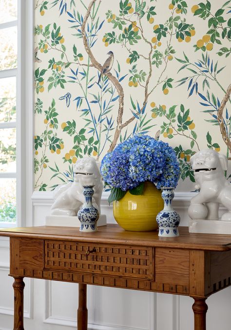 Claire from Sojourn Collection Blue And Green Chinoiserie Wallpaper, Thibaut Mystic Garden Wallpaper, Schumacher Citrus Garden Wallpaper, Thibaut Asian Scenic Wallpaper, Furniture Quotes, Lychee Fruit, Fromental Wallpaper Chinoiserie, Thibaut Wallpaper, A Street Prints