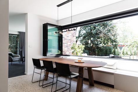 Window Dinner Table, Window Seat Bifold Windows, Bifolding Windows, Dining Table Window Seat, Window Seat And Table, Bifold Window Seat, Bifold Windows Kitchen, Window Dining Table, Dining Table Window