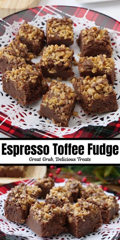 Espresso Toffee Fudge with Chocolate Drizzle is the best fudge recipe ever, made with a delicious and sweet espresso mixture, fluffy marshmallows and chocolate chips, topped with toffee bits and rich melted chocolate. Espresso Fudge Recipes, Caramel Coffee Fudge, Mocha Fudge Recipes, Fancy Fudge, Toffee Fudge Recipe, Coffee Fudge Recipes, Coffee Dessert Recipes, Espresso Fudge, Homemade Fudge Recipe