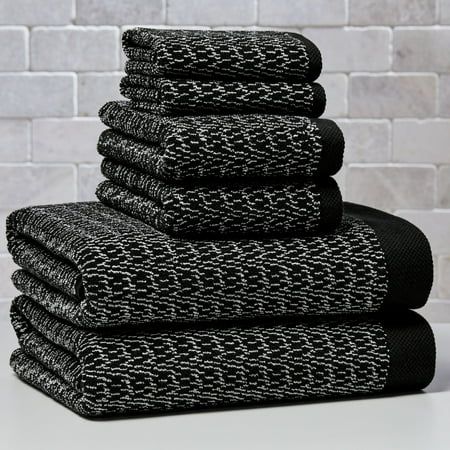 90% COTTON/10% VISCOSE BATH SHEET Size: 6-Piece Towel Set.  Color: Black. Black Bath Towels Bathroom, Black Gold And Gray Bathroom, Black And White Bathroom Towel Ideas, Bathroom Black Decor Ideas, All Black Bathroom Ideas Decor, Tan And Black Bathroom Ideas, Black And Brown Bathroom Decor, Bathroom Towel Colors Scheme, Boho Towels