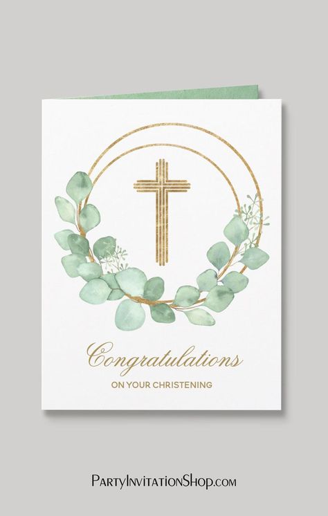 Gold Cross Eucalyptus Christening Congratulations Greeting Card Baptism Greetings, Congratulations Greeting Card, First Communion Cards, Unique Envelopes, Baptism Card, Congratulations Greetings, First Communion Party, Baptism Cards, Eucalyptus Leaf