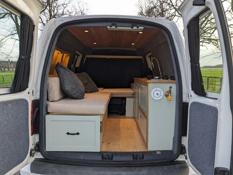 Bespoke Caddy Maxi Campervan - 2.0 TDI Euro 6 (no ULEZ charge) | Quirky Campers Camper Cupboards, Caddy Maxi Camper, Vw Caddy Maxi Life, Small Camper Interior, Caddy Camper, Small Camper Vans, Vw Caddy Maxi, Minivan Camper Conversion, Caddy Van