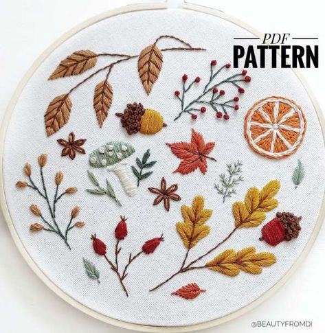 Free Autumn Embroidery Patterns, Fall Flowers Embroidery, Embroidery Fall Designs, Fall Leaves Embroidery Pattern, Easy Fall Embroidery Patterns, Autumn Hand Embroidery, Easy Fall Embroidery, Simple Fall Embroidery Designs, Seasonal Embroidery Patterns