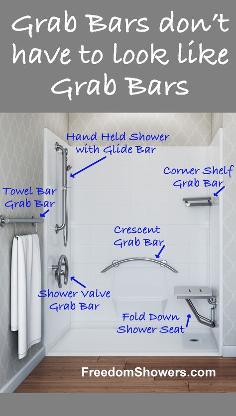 This accessible freedom shower is accessorized with various decorative grab bars. Grab Bars For Bathtub, Grab Bar Towel Rack, Shower Grab Bars Ideas, Bathtub With Grab Bars, Walk In Shower Grab Bar Placement, Where To Place Grab Bars In Showers, Decorative Shower Grab Bars, Shower Bar Placement, Shower Grab Bars Design