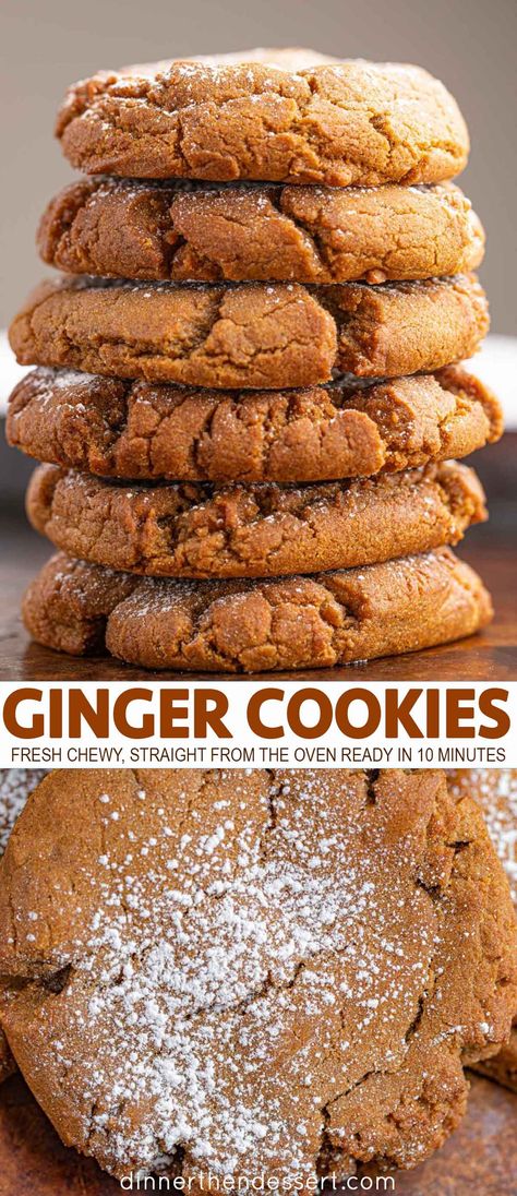 Fresh, chewy cookies straight from the oven with a rich ginger taste for any occasion. Ready in 10 minutes. #ginger #cookie #cookies #gingercookies #holiday #holidayrecipes #holidaycookies #dessert #dinnerthendessert? Ginger Buiscits, Ginger Cookies Recipes, Best Ginger Cookies Recipe, Gingerbread Cookies With Fresh Ginger, Ginger Cookies With Fresh Ginger, Fresh Ginger Cookies Recipe, Small Batch Ginger Cookies, 10 Minute Cookies, Fresh Ginger Recipes Baking