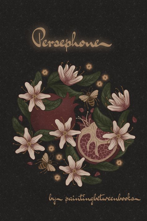 Persephone's symbols. Pomegranate, bees, honey, asphodel. Digital art. Design for sale Goddess Persephone Aesthetic, Asphodel Flower Tattoo, Symbols Of Persephone, Persephone Symbolism, Persephone Devotee, Pomegranate Tattoo Hades And Persephone, Persephone Tattoo Symbols, Persephone Aesthetic Wallpaper, Persephone Pfp