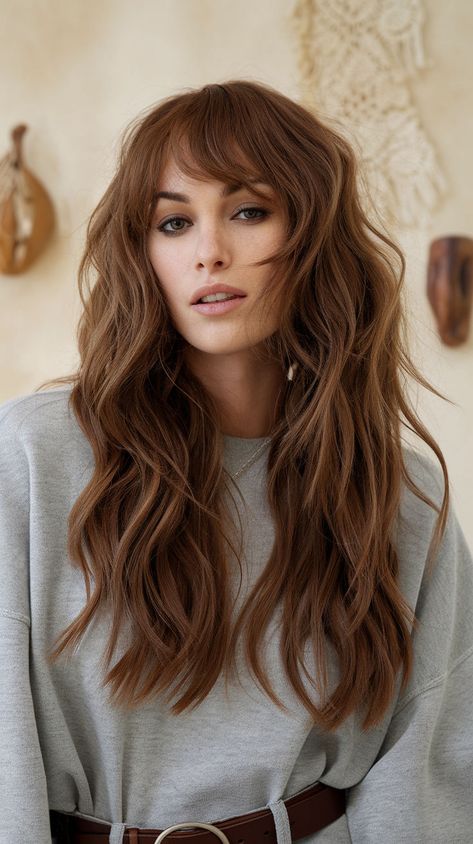 Embrace your natural waves with curtain bangs! This style brings out the texture in wavy hair and frames the face beautifully. #CurtainBangsWavyHair #CurtainBangsHairstyles #CurtainBangs Hairstyle For Curtain Bangs, Curtain Bangs Long Wavy Hair, Curtain Bangs For Wavy Hair, Waves With Curtain Bangs, Bangs For Wavy Hair, Long And Curly Hair, Hairstyles With Curtain Bangs, Soft Curtain Bangs, Wavy Bangs