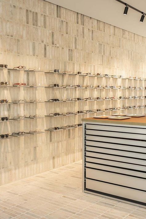 Opticians Store Design, Architectural Shelving, Mirror Panelling, Eyewear Retail, Eyewear Store Design, Optical Store, Mirror Panels, Optical Shop, Modern Couch