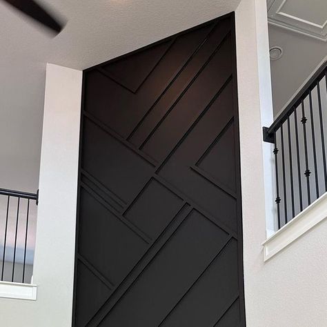 Geometric Accent Wall Stairwell, Black Stair Wall, Accent Walls Staircase, Fireplace Wallpaper Accent Wall, Geometric Fireplace Wall, Black Accent Wall Fireplace, Geometric Wall Paneling, Entry Way Accent Wall, Feature Fireplace Wall