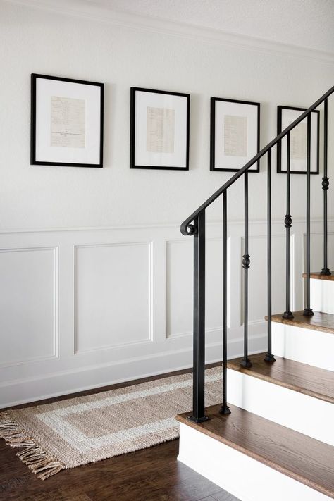 Mountain Home Tour | lark & linen #stairs #rugideas Modern Wainscoting Ideas, Iron Stairs, Farmhouse Stairs, Stairs Railing, Wainscoting Styles, Iron Stair Railing, Railing Ideas, Hallway Designs, Stair Case