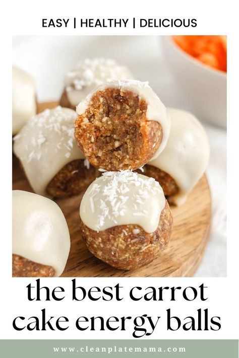 These no-bake carrot cake energy balls are the perfect little bite-sized treat. All the sweetness and spice of carrot cake, but made with good-for-you ingredients. These are naturally sweetened and a good source of fiber and healthy fats. Carrot Cake Power Balls, Energy Balls Carrot Cake, No Bake Carrot Cake Energy Balls, Carrot Protein Balls, Carrot Cake Balls Healthy, Carrot Cake Balls Easy, Carrot Meal Ideas, Healthy Cake Balls, Carrot Cake Energy Bites